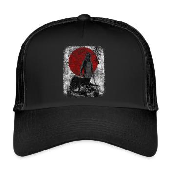 japanischer Samurai Wolf Art Krieger Bushido Martial - Trucker Cap - Schwarz/Schwarz - Vorne