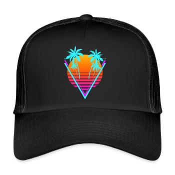Vaporwave Ästhetische Retro-Sonnenuntergang Palme - Trucker Cap - Schwarz/Schwarz - Vorne