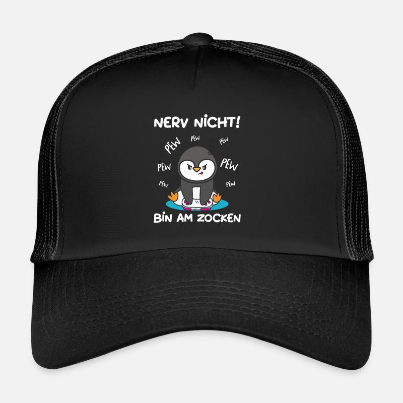 Bin am Zocken Gaming Pinguin - Trucker Cap - Schwarz/Schwarz