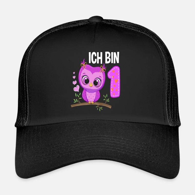 Ich Bin 1 Eule 1. Geburtstag Eulen Mädchen - Trucker Cap - Schwarz/Schwarz