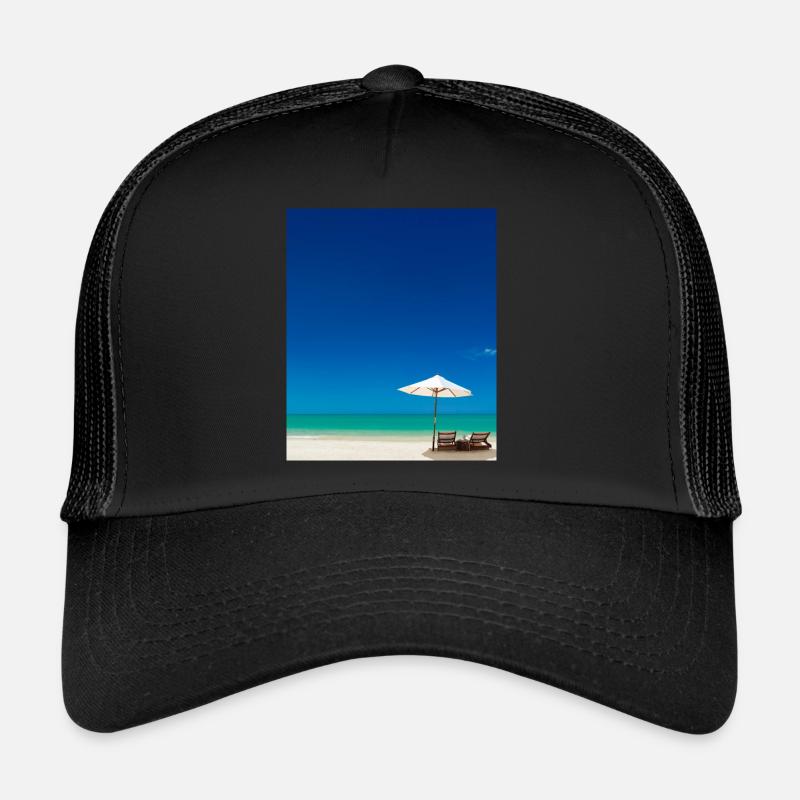 Summer Vacation On The Sandy Beach Next To Ocean Trucker Cap