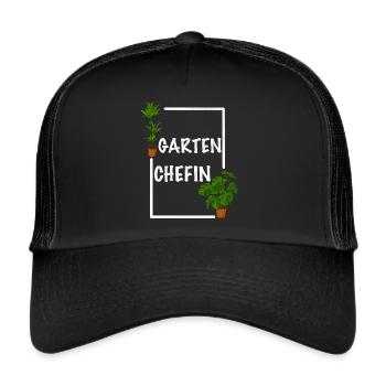 Garten Chefin lustiges Frauen Garten Outfit - Trucker Cap - Schwarz/Schwarz - Vorne