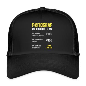 Fotograf Preisliste Fotografen Kamera Fotograf - Trucker Cap - Schwarz/Schwarz - Vorne