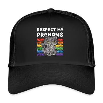 Respect my pronoms Regenbogen Lgbtq Pride Katzen - Trucker Cap - Schwarz/Schwarz - Vorne