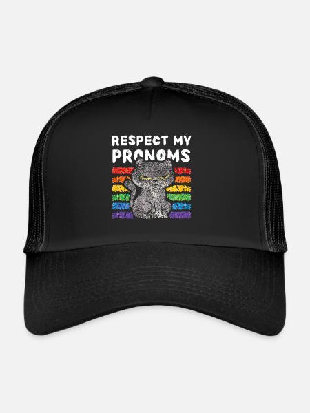 Respect my pronoms Regenbogen Lgbtq Pride Katzen - Trucker Cap - Schwarz/Schwarz - Vorne