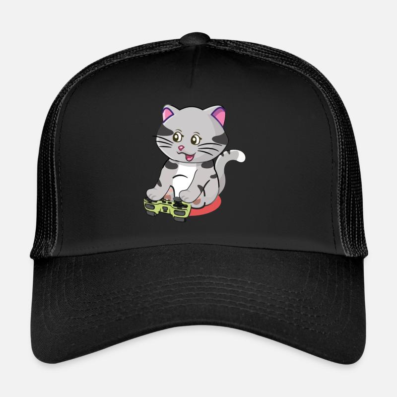 Cute Gaming Cat Playing Video Game Lover Gaming Trucker Cap