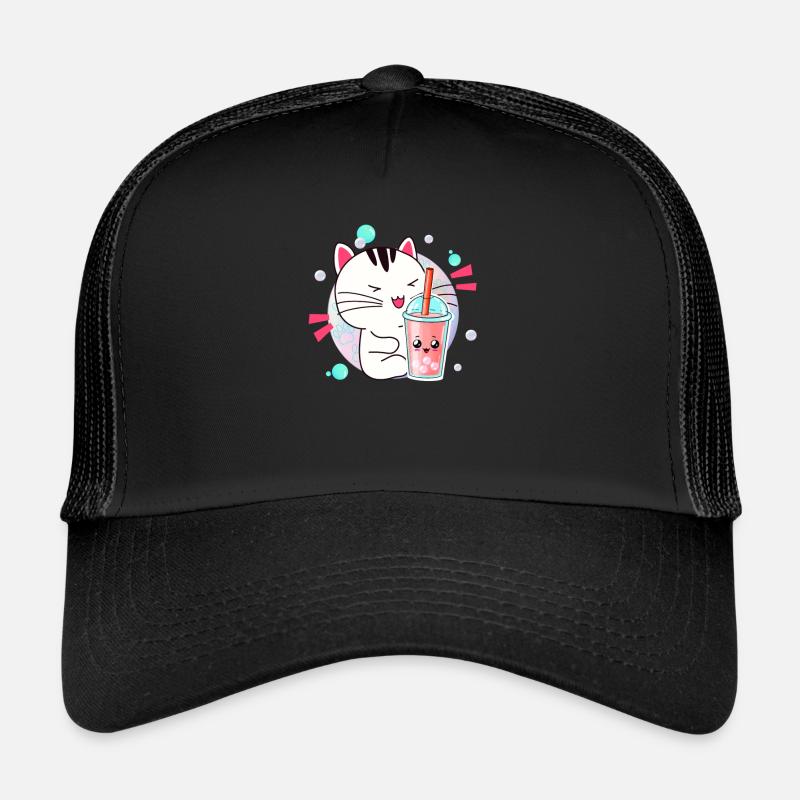Kawaii Anime Cat Bubble Tea Fan - Trucker Cap - Schwarz/Schwarz