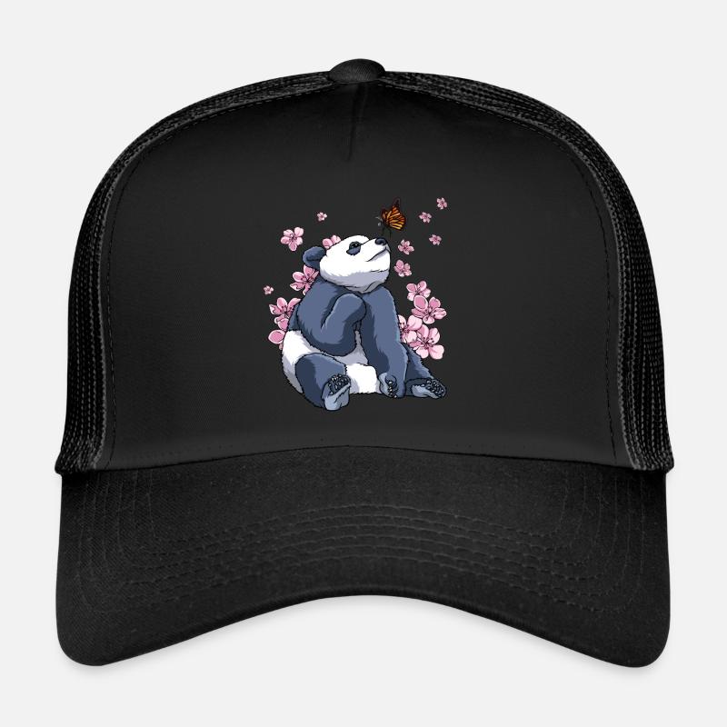 Panda Schmetterling Japanische Sakura-Kirschblüte - Trucker Cap - Schwarz/Schwarz
