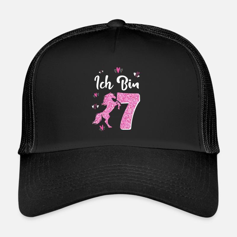Geburtstag Mädchen 7 Jahre Pferd Prinzessin - Trucker Cap - Schwarz/Schwarz