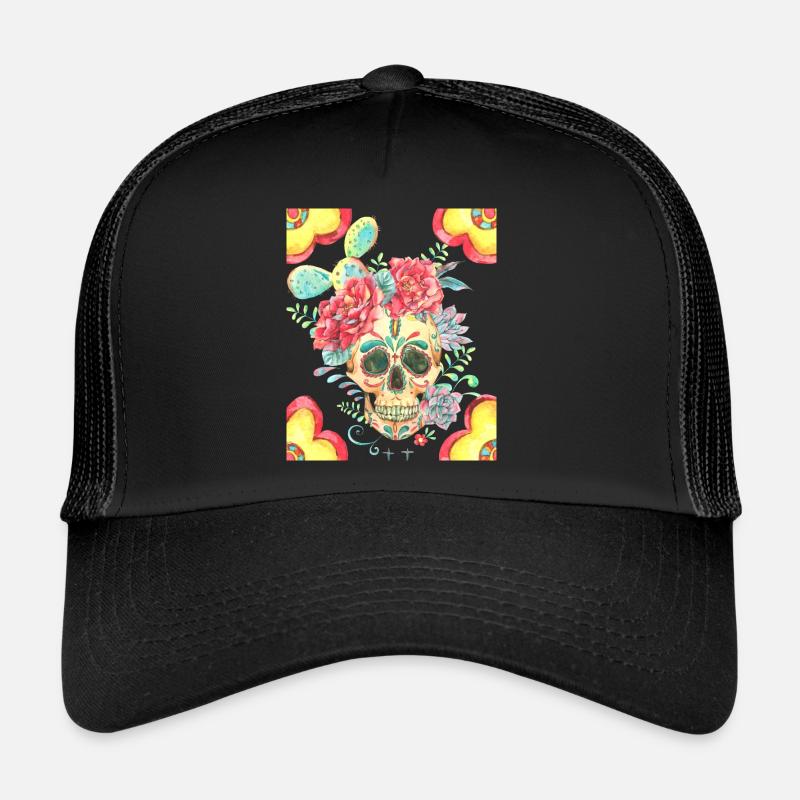 Crâne de sucre mexicain avec fleurs et cactus Casquette trucker 