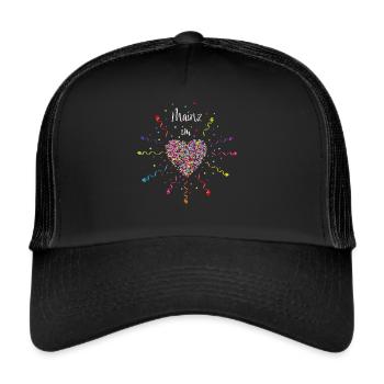 Mainz im Herz Karneval Fasching Fasnacht Konfetti - Trucker Cap - Schwarz/Schwarz - Vorne