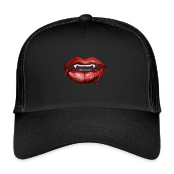 Lèvres rouges avec des crocs et du sang pour Halloween - Casquette trucker  - noir/noir - Devant