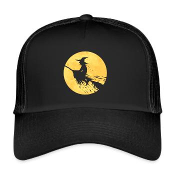 Witch On A Broom Flying In Front Of The Moon On - Trucker Cap - black/black - Front