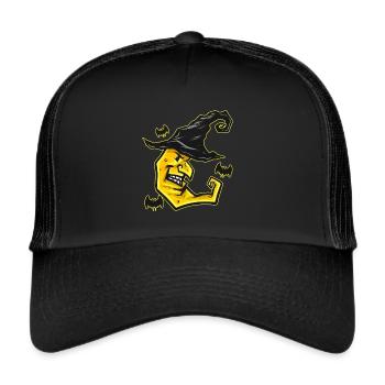 Evil Yellow Moon With Witch Hat Bat Flying On - Trucker Cap - black/black - Front