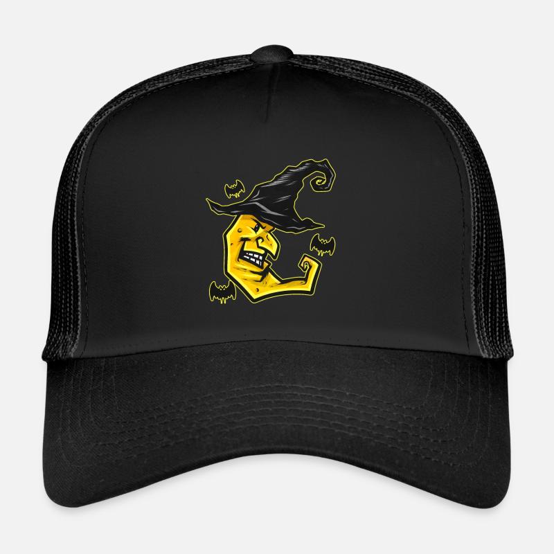 Evil Yellow Moon With Witch Hat Bat Flying On Trucker Cap