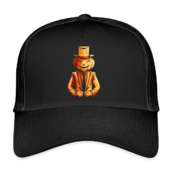 Realistic Jack O Lantern Pumpkin Man In Suit - Trucker Cap - Schwarz/Schwarz - Vorne