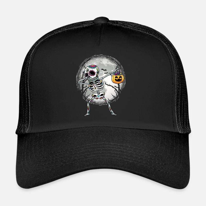 Dabbing Sugar Skull Skelett Mit Kürbis - Trucker Cap - Schwarz/Schwarz
