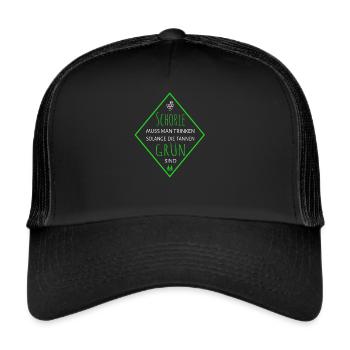 Weinschorle Schobbe Trinken Tannengrün - Trucker Cap - Schwarz/Schwarz - Vorne