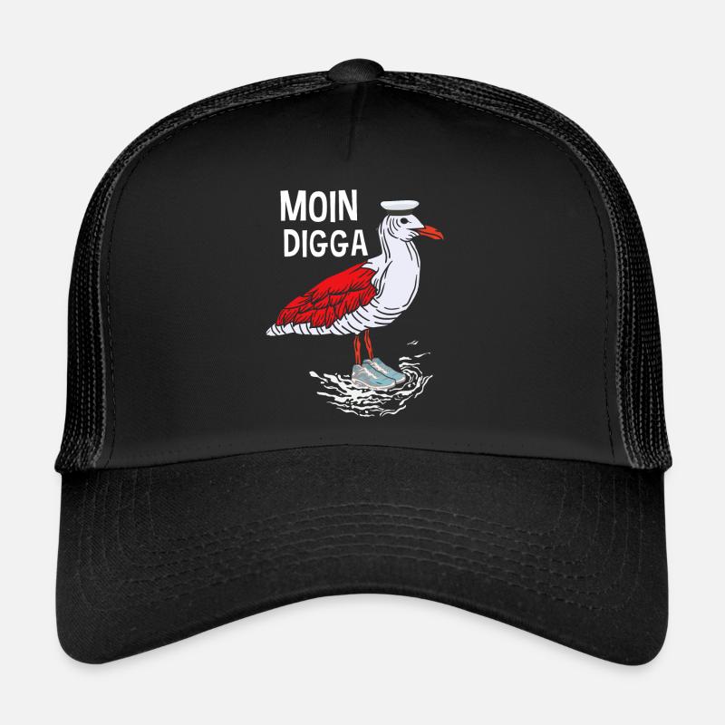 Moin Digga Möwe Norddeutsch Plattdeutscher Spruch - Trucker Cap - Schwarz/Schwarz