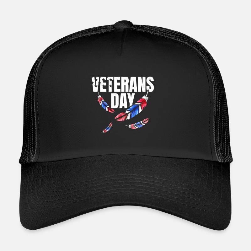 Red Blue And White Feathers For Veterans Day Trucker Cap