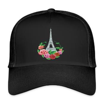Eiffelturm-Blumen-Paris-Rosen-französische Liebes- - Trucker Cap - Schwarz/Schwarz - Vorne