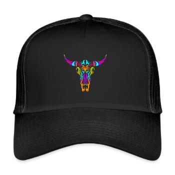 Stylized Cow Longhorn Skull Painting Day Of The - Trucker Cap - Schwarz/Schwarz - Vorne