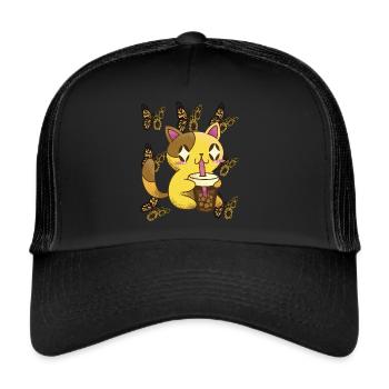 Nette Katze mit Sonnenblumen-Schmetterlings-Tee-Ka - Trucker Cap - Schwarz/Schwarz - Vorne