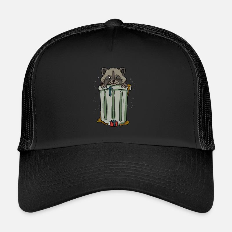 In a garbage can raccoon Trucker Cap