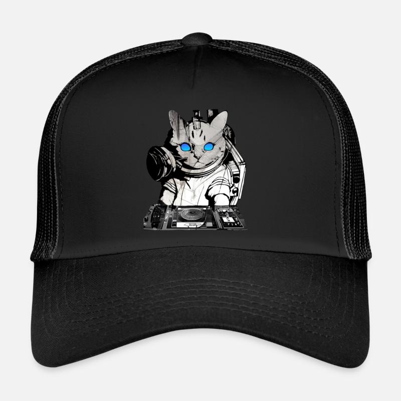 DJ Katze mit Mischpult - Trucker Cap - Schwarz/Schwarz