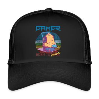 Gamer Funny Chick Video Games Born To Gaming Retro - Trucker Cap - Schwarz/Schwarz - Vorne