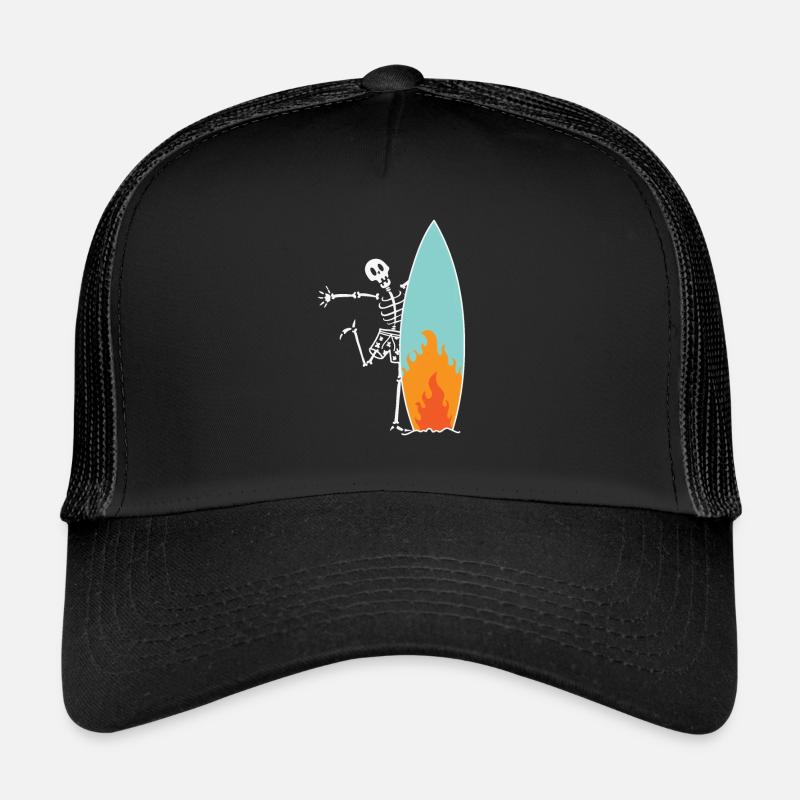 Surfing skeleton with burning surfboard Trucker Cap