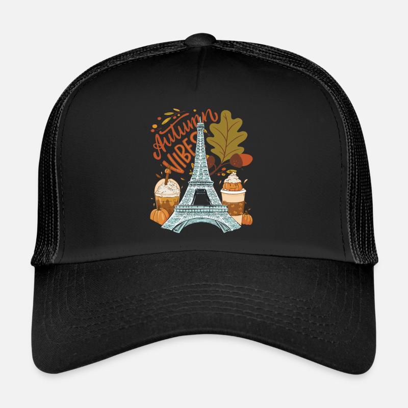 Eiffelturm Herbst Vibes Herbst in Paris Französisc - Trucker Cap - Schwarz/Schwarz