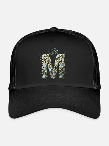 Monogram letter M with crown, floral ornament - Trucker Cap - black/black - Front