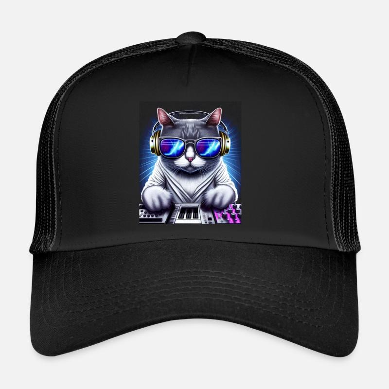 Cat DJ avec écouteurs et lunettes sur synthétiseur Casquette trucker 