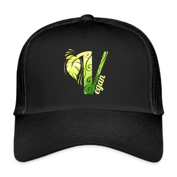 V like Vegan - Green Leaves Logo - Go Vegan - Casquette trucker  - noir/noir - Devant