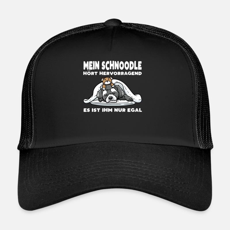 Schnoodle Hund Mit Kuscheltier - Trucker Cap - Schwarz/Schwarz