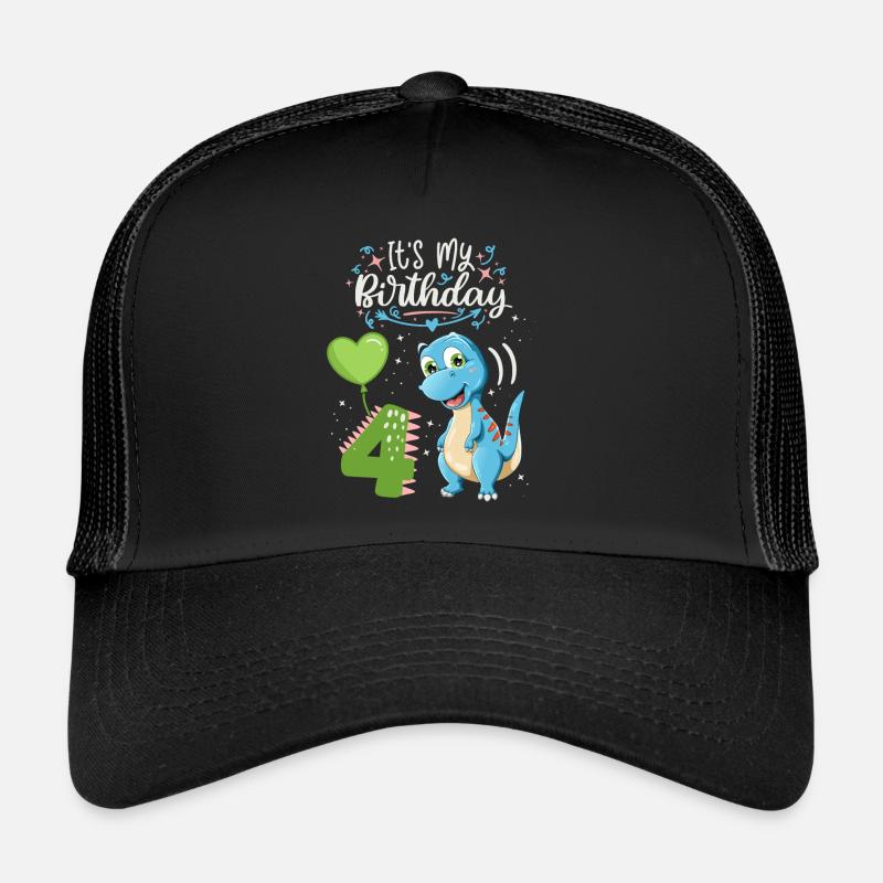 4. Geburtstag Dinosaurier, Dino-Kind, 4 Jahre alt - Trucker Cap - Schwarz/Schwarz