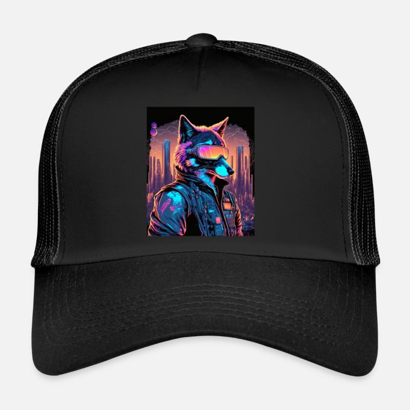 Rétro Futuriste Synthwave Fox - Casquette trucker  - noir/noir