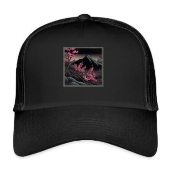 Vintage Japanese Sakura Cherry Blossom Temple - Trucker Cap - black/black - Front
