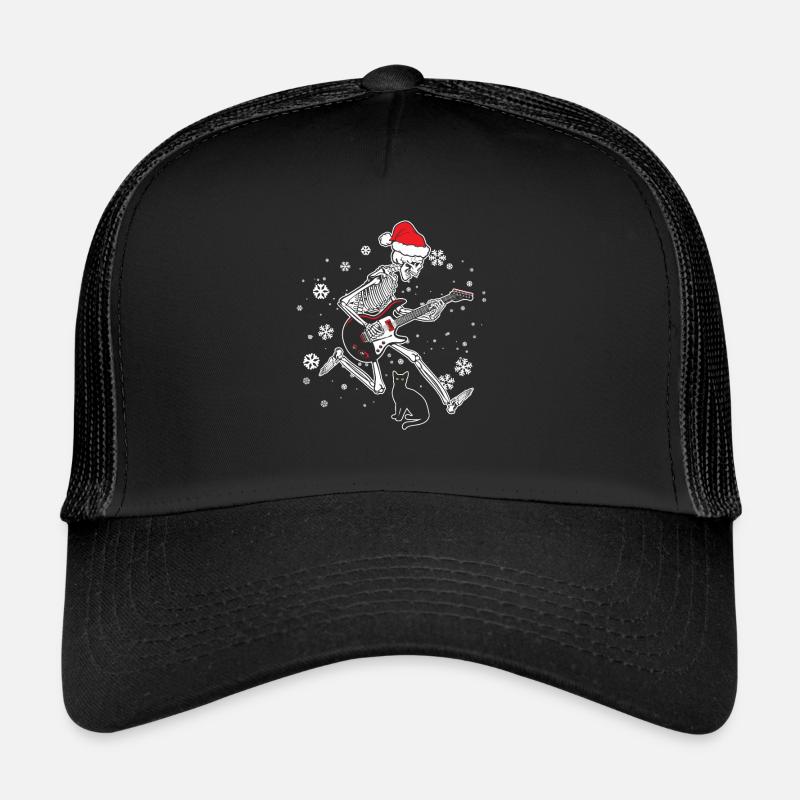 Skelett spielt E-Gitarre Katze Weihnachtsmütze - Trucker Cap - Schwarz/Schwarz