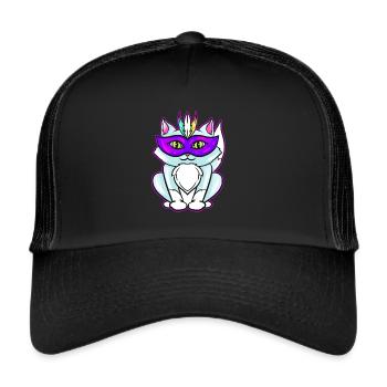 Cute Kawaii Cat With Purple Mask For Mardi Gras - Trucker Cap - black/black - Front