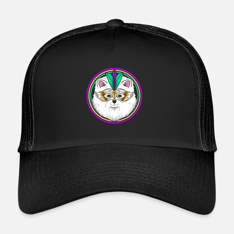 Pomeranian Or Samoyed Dog With Mask For Mardi Gras Trucker Cap