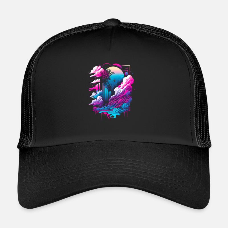Vaporwave Abstrakte Landschaft Mond Baum - Trucker Cap - Schwarz/Schwarz