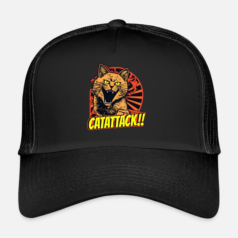 Angry battle cat with yellow eyes in attack Trucker Cap