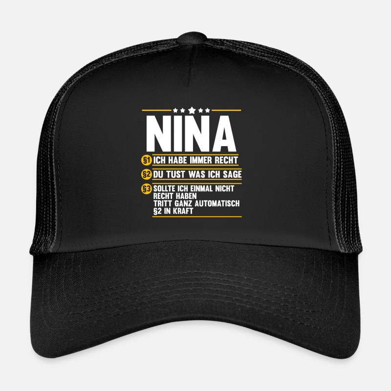 Vorname Nina - Trucker Cap - Schwarz/Schwarz
