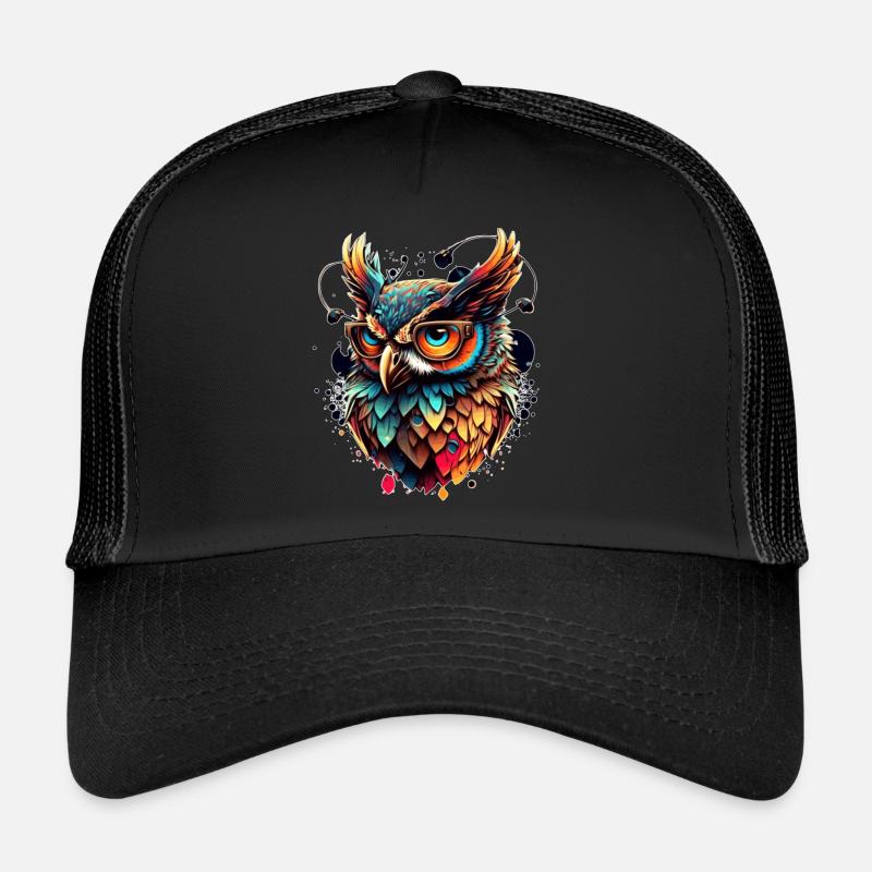 Eule als bunter schlauer Nachtvogel mit Brille - Trucker Cap - Schwarz/Schwarz