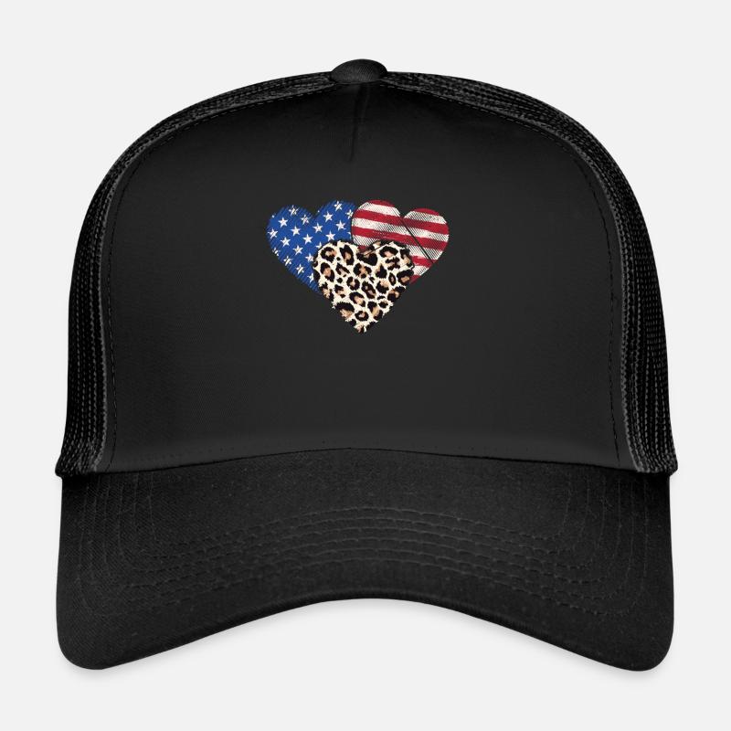 Leopard American Flag Hearts July 4 Trucker Cap