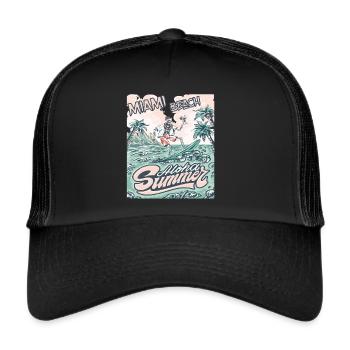 Miami Beach Urlaub Florida Palmen Strand Surfen - Trucker Cap - Schwarz/Schwarz - Vorne