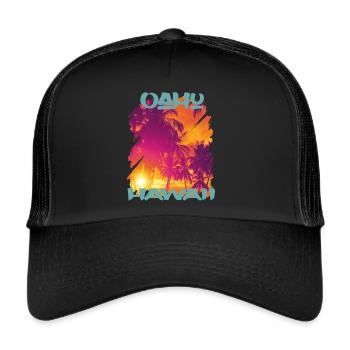 Retro Oahu Vacation Hawaii Palm Trees Beach Ocean - Trucker Cap - black/black - Front