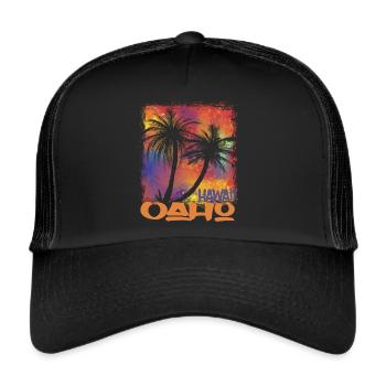 Family Vacation Hawaii Oahu Palm Tree Beach Ocean - Trucker Cap - black/black - Front